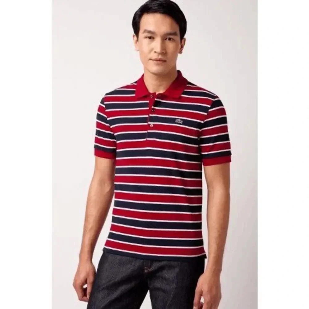 Lacoste Striped Polo Shirt Mens Size‎ 4/L Red Short Sleeve Pullover 100% Cotton